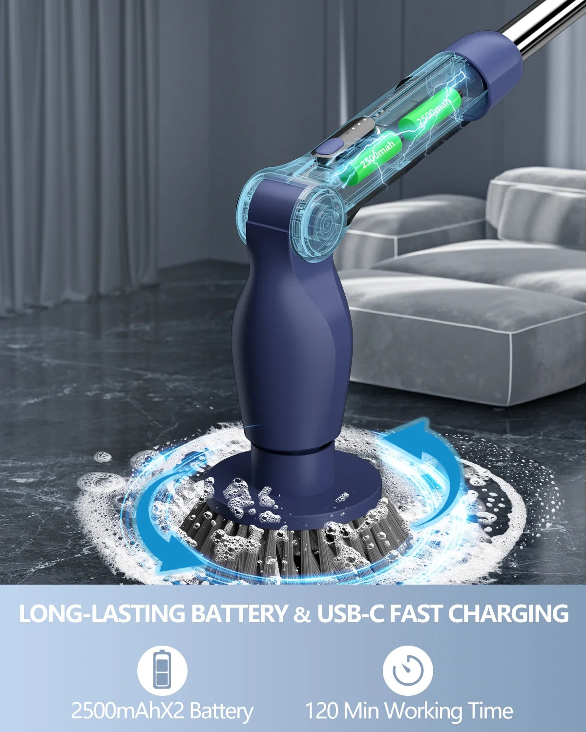 Electric Spin Scrubber, Cordless Bath Tub Power Scrubber with Long Handle and 8 Replaceable Brush Heads, Shower Cleaning Brush Household Tools for Bathroom, Floor Tile ,Car