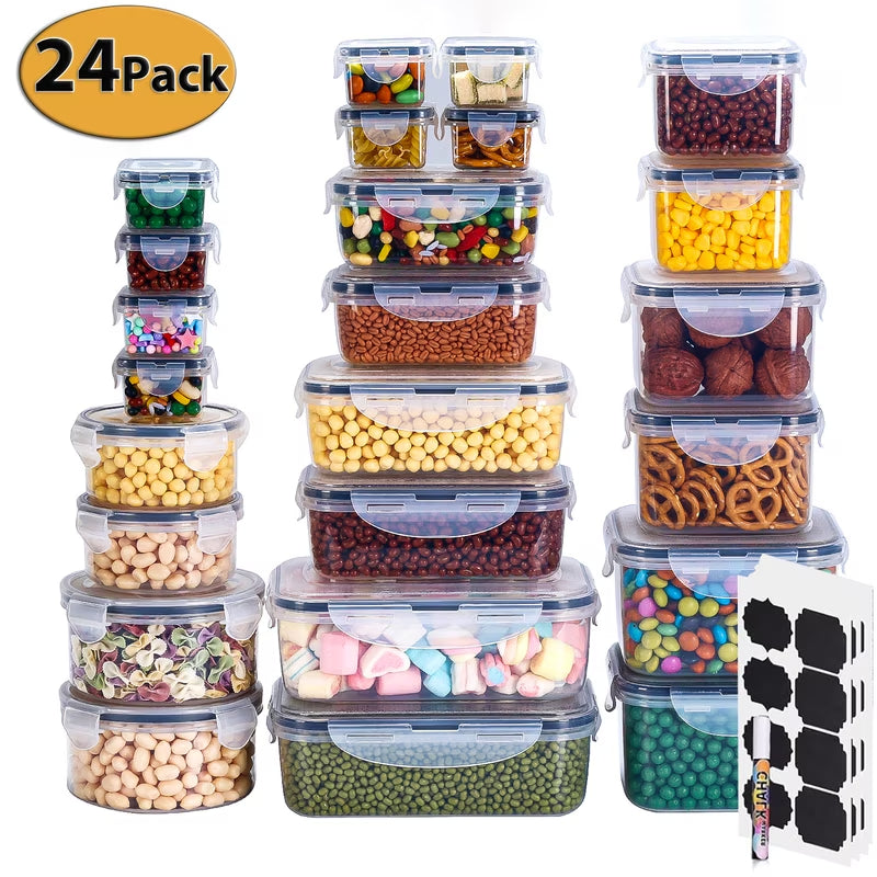 24 Pack Airtight Food Storage Containers Set with Lids, Plastic Leak-Proof Canisters for Cereal Flour Sugar,Bpa Free Leak Proof Plastic Lunch Boxes(Labels & Marker)