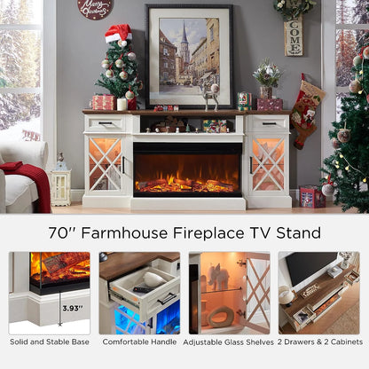 Farmhouse 3-Sided Fireplace TV Stand for 80" Tvs, 70" Entertainment Center with Electric Fireplace and Storage Drawers, Antique White
