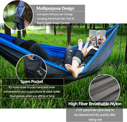 Double Camping Hammock, Lightweight Portable Parachute (2 Tree Straps 16 LOOPS/10 FT Included) 500Lbs Capacity Hammock for Backpacking, Camping, Travel, Beach, Garden