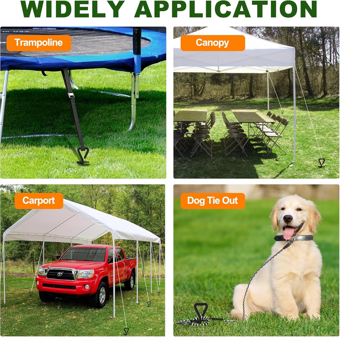 USA Trampoline Stakes Heavy Duty Trampoline Parts Steel Stakes Anchor Kit for Trampolines Canopy Anchor Dog Tie Out Stakes -Set of 4 Bonus 4 Strong Belt(Orange)