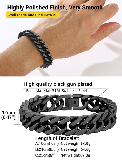 12Mm Cuban Chains Bracelets for Men Black Chunky Stainless Steel Franco Link Bracelet Father'S Day Hand Bracelet Jewelry Birthday Teen Graduation Gifts 7.5 Inch