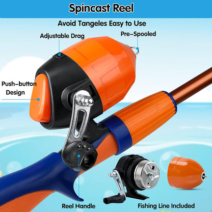 Kids Fishing Pole,Portable Telescopic Fishing Rod and Reel Full Kits, Spincast Youth Fishing Pole Fishing Gear for Kids, Boys