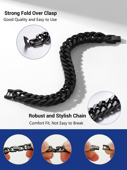 12Mm Cuban Chains Bracelets for Men Black Chunky Stainless Steel Franco Link Bracelet Father'S Day Hand Bracelet Jewelry Birthday Teen Graduation Gifts 7.5 Inch