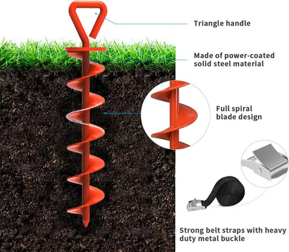 USA Trampoline Stakes Heavy Duty Trampoline Parts Steel Stakes Anchor Kit for Trampolines Canopy Anchor Dog Tie Out Stakes -Set of 4 Bonus 4 Strong Belt(Orange)