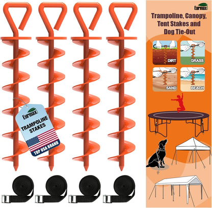 USA Trampoline Stakes Heavy Duty Trampoline Parts Steel Stakes Anchor Kit for Trampolines Canopy Anchor Dog Tie Out Stakes -Set of 4 Bonus 4 Strong Belt(Orange)