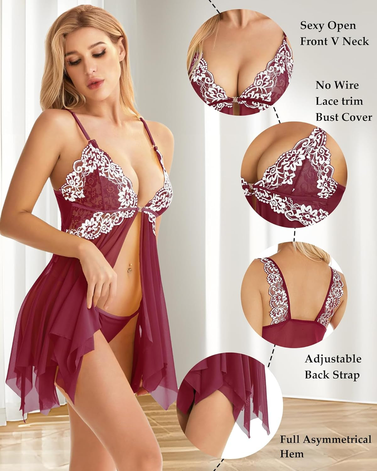 Lingerie for Women Front Closure Babydoll Lace Chemise V Neck Mesh Sleepwear