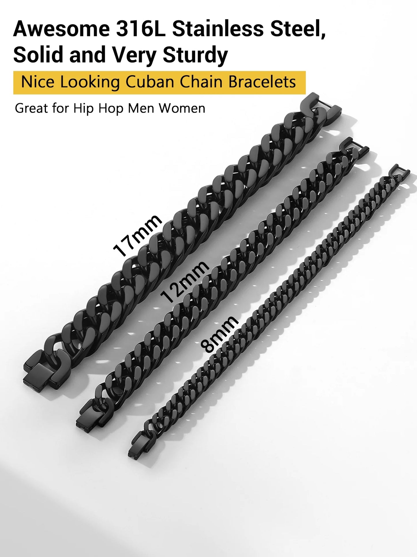 12Mm Cuban Chains Bracelets for Men Black Chunky Stainless Steel Franco Link Bracelet Father'S Day Hand Bracelet Jewelry Birthday Teen Graduation Gifts 7.5 Inch