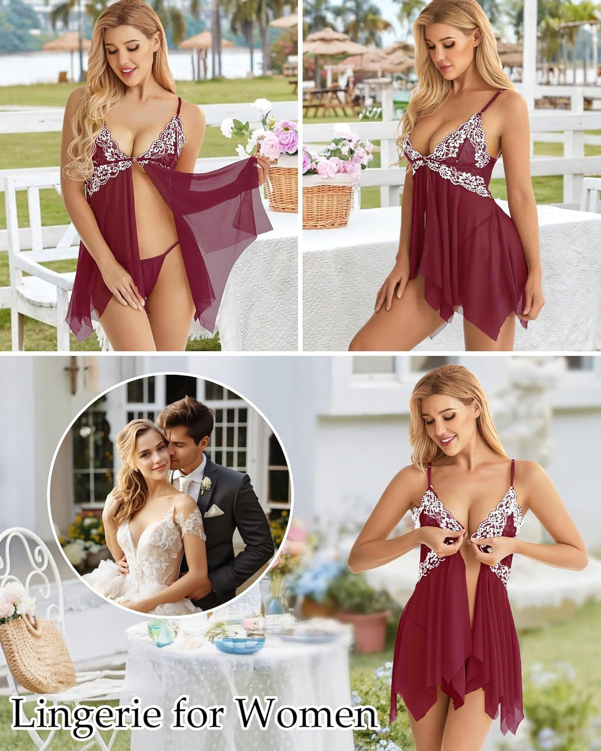 Lingerie for Women Front Closure Babydoll Lace Chemise V Neck Mesh Sleepwear