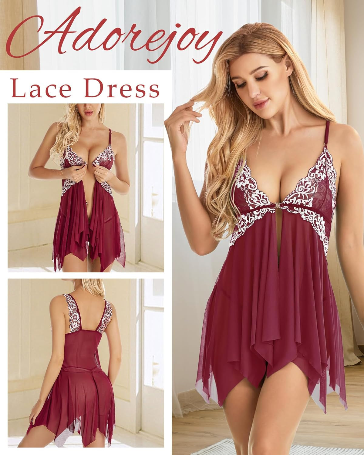 Lingerie for Women Front Closure Babydoll Lace Chemise V Neck Mesh Sleepwear