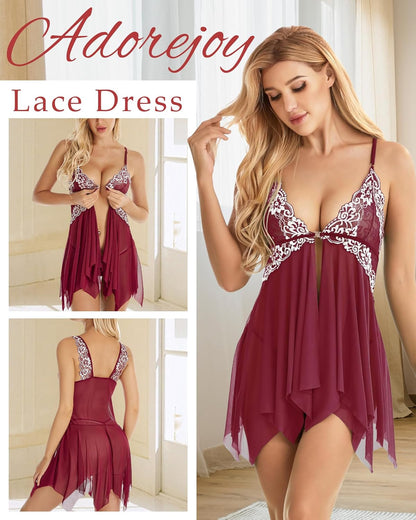 Lingerie for Women Front Closure Babydoll Lace Chemise V Neck Mesh Sleepwear